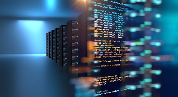 Server room with computer code